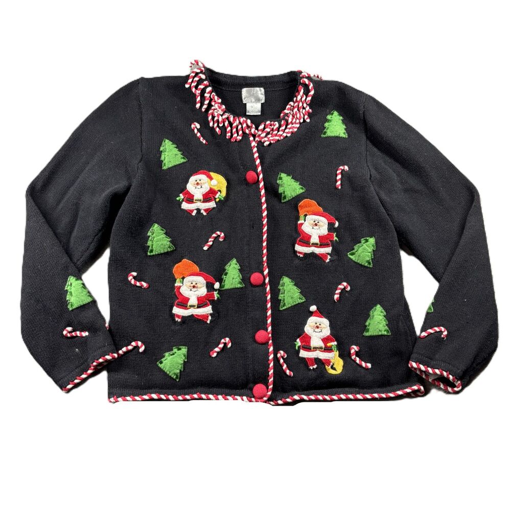 Women Christmas Sweater Cardigan Embroidered Hand Knit Santa Trees Large Q194